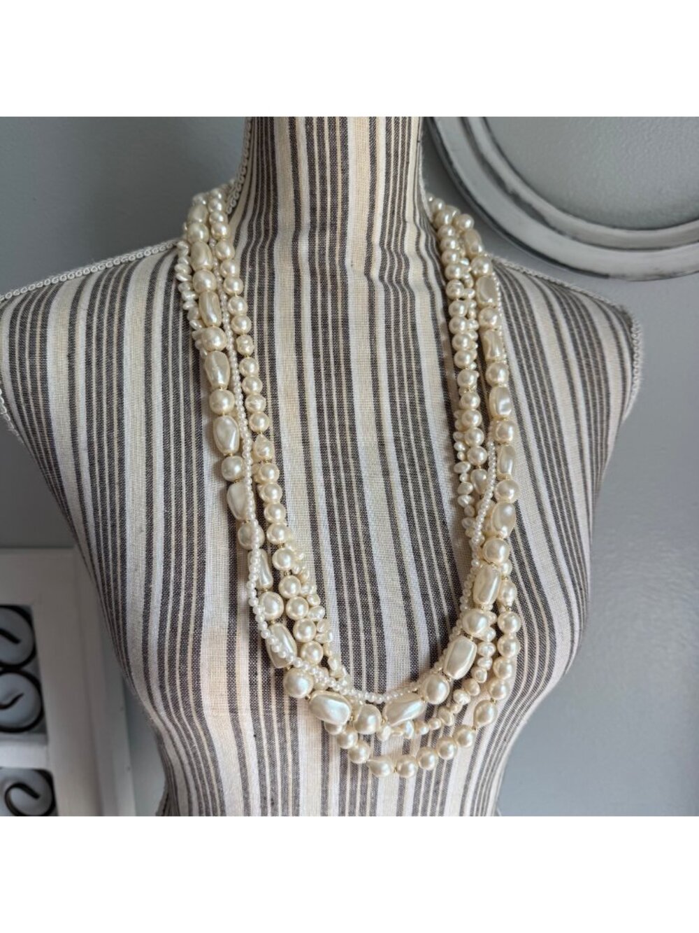 Vintage Multi-Strand Off-White Baroque Pearl Statement Necklace Gold Spacers